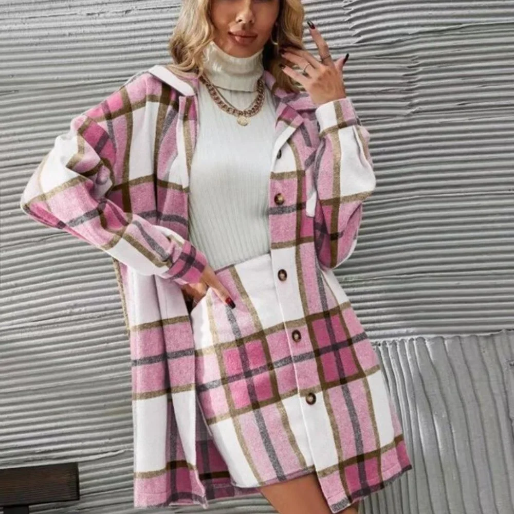 2 piece set Plaid Print Button Front Overcoat & Skirt Pink - Picture 1 of 5